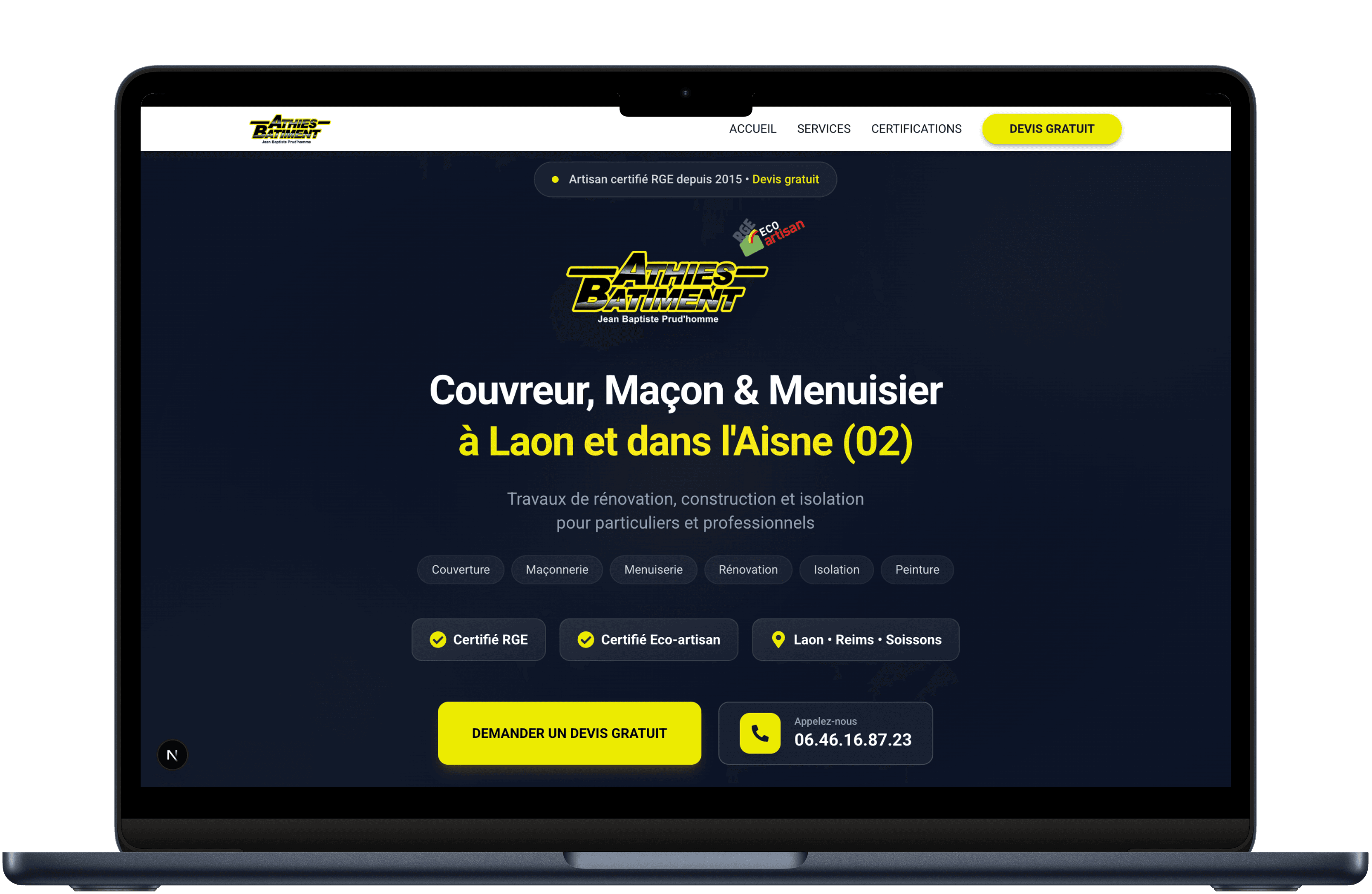 Version desktop du site Athies Batiment