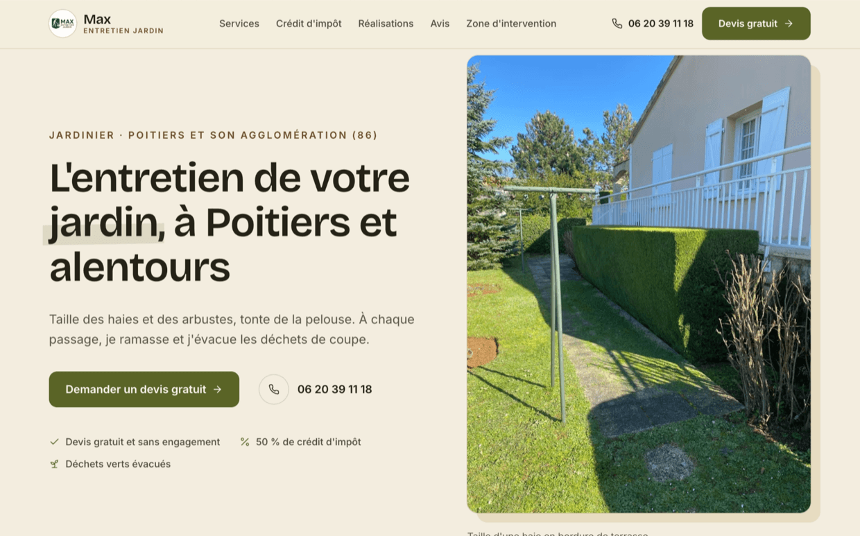 Capture du site internet de Max Entretien Jardin, entretien de jardin, créé par Hexa Web